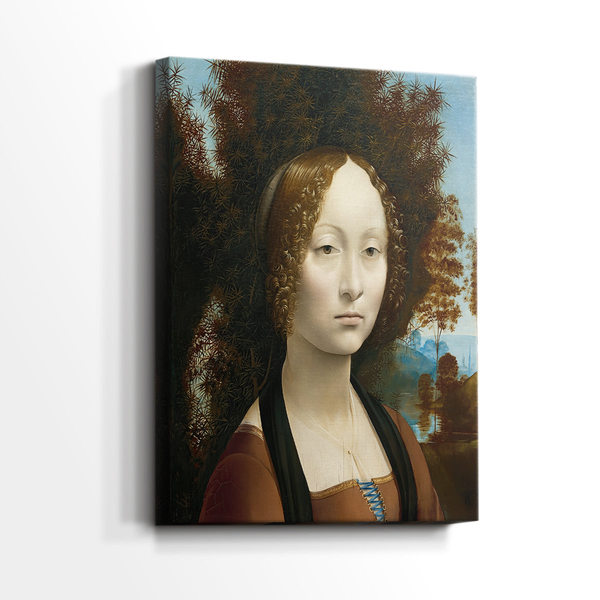 Side view of a canvas art print of a composed portrait with natural tones and calm presence, showing gallery-wrapped depth.