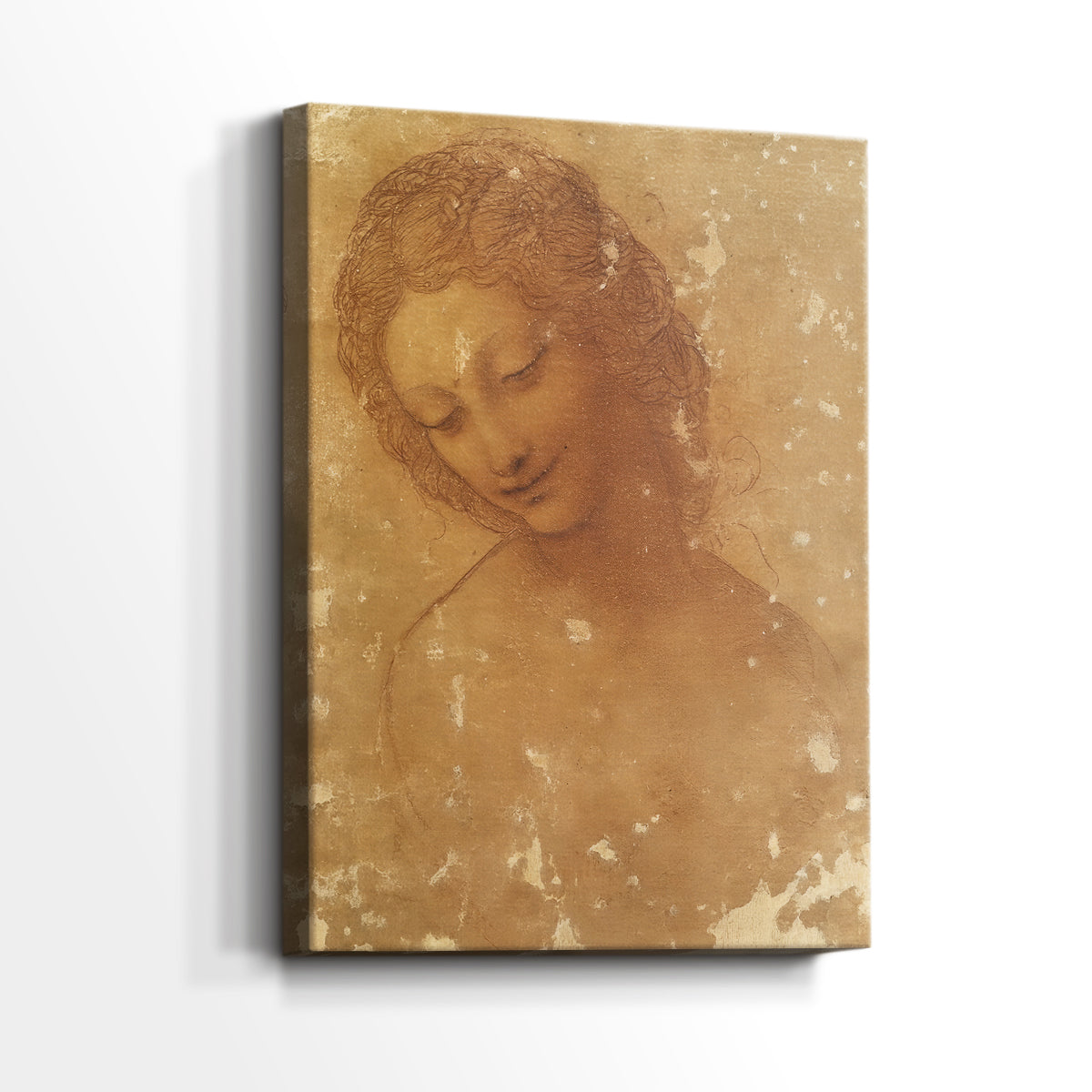 Side view of a canvas art print of a refined sketch with gentle detail and classical form, showing gallery-wrapped depth.