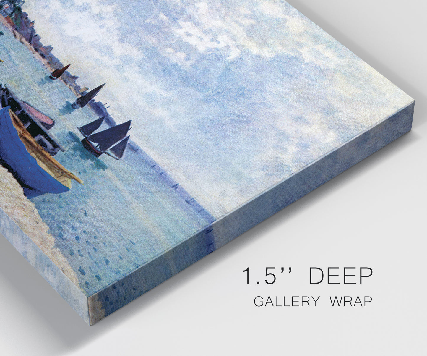 Close-up view of wrapped canvas corner featuring busy beach scene with shoreline.