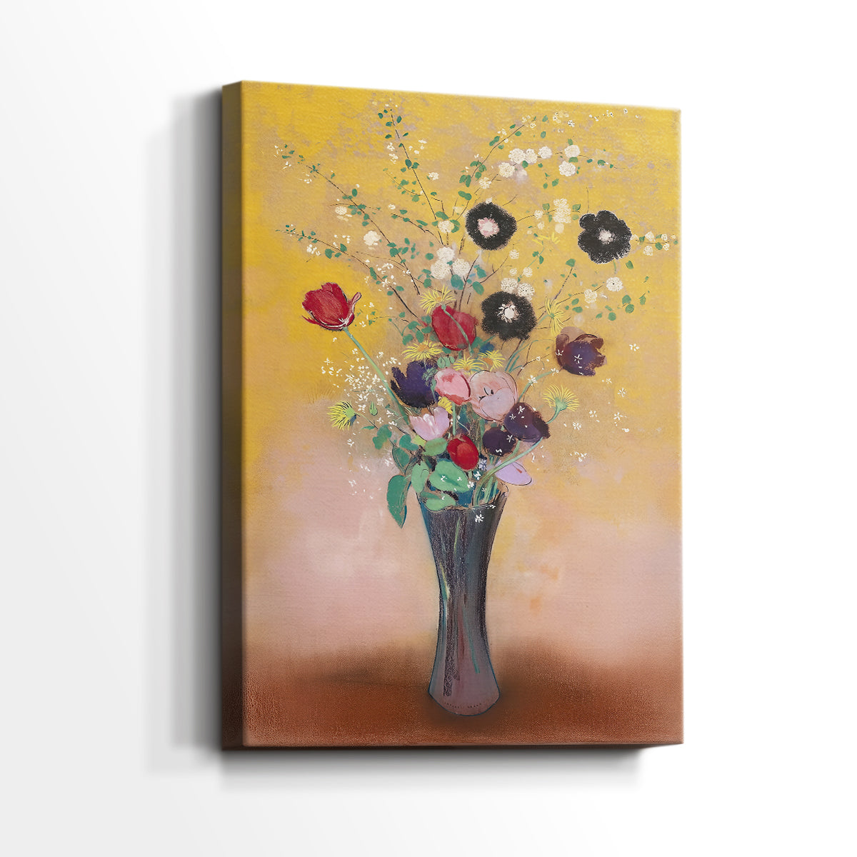 Side view of a canvas art print of a stylized composition with blooms and subtle contrast, showing gallery-wrapped depth.