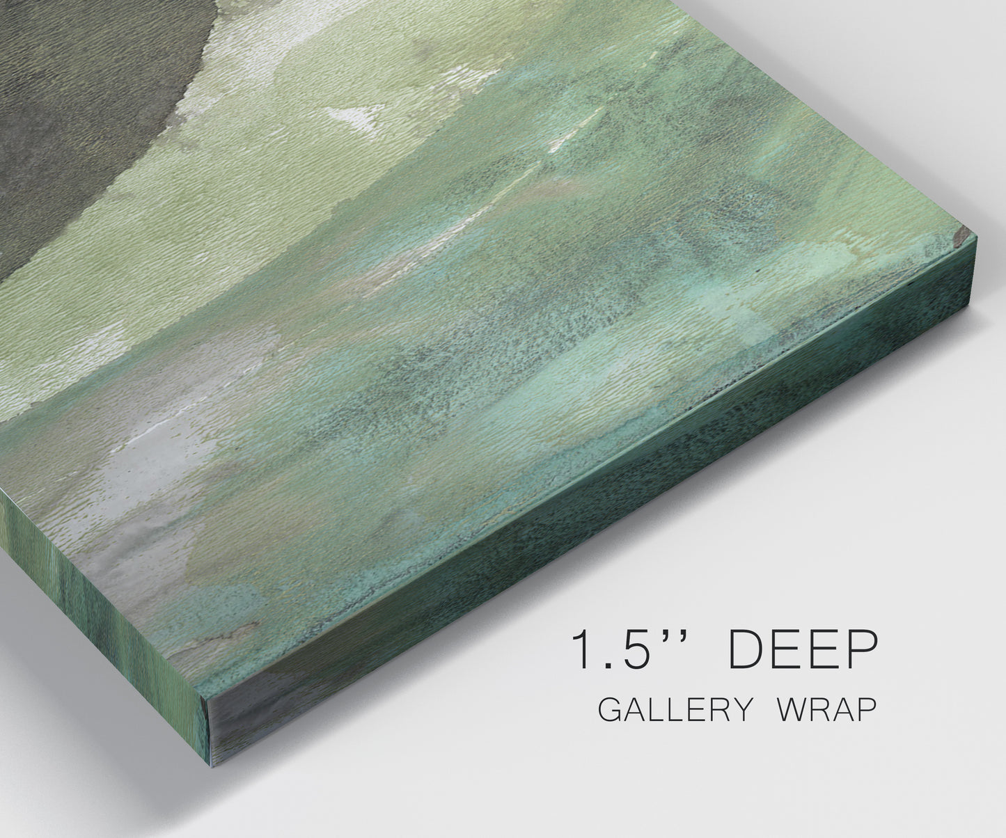 Close-up view of wrapped canvas corner featuring layered green abstract composition.