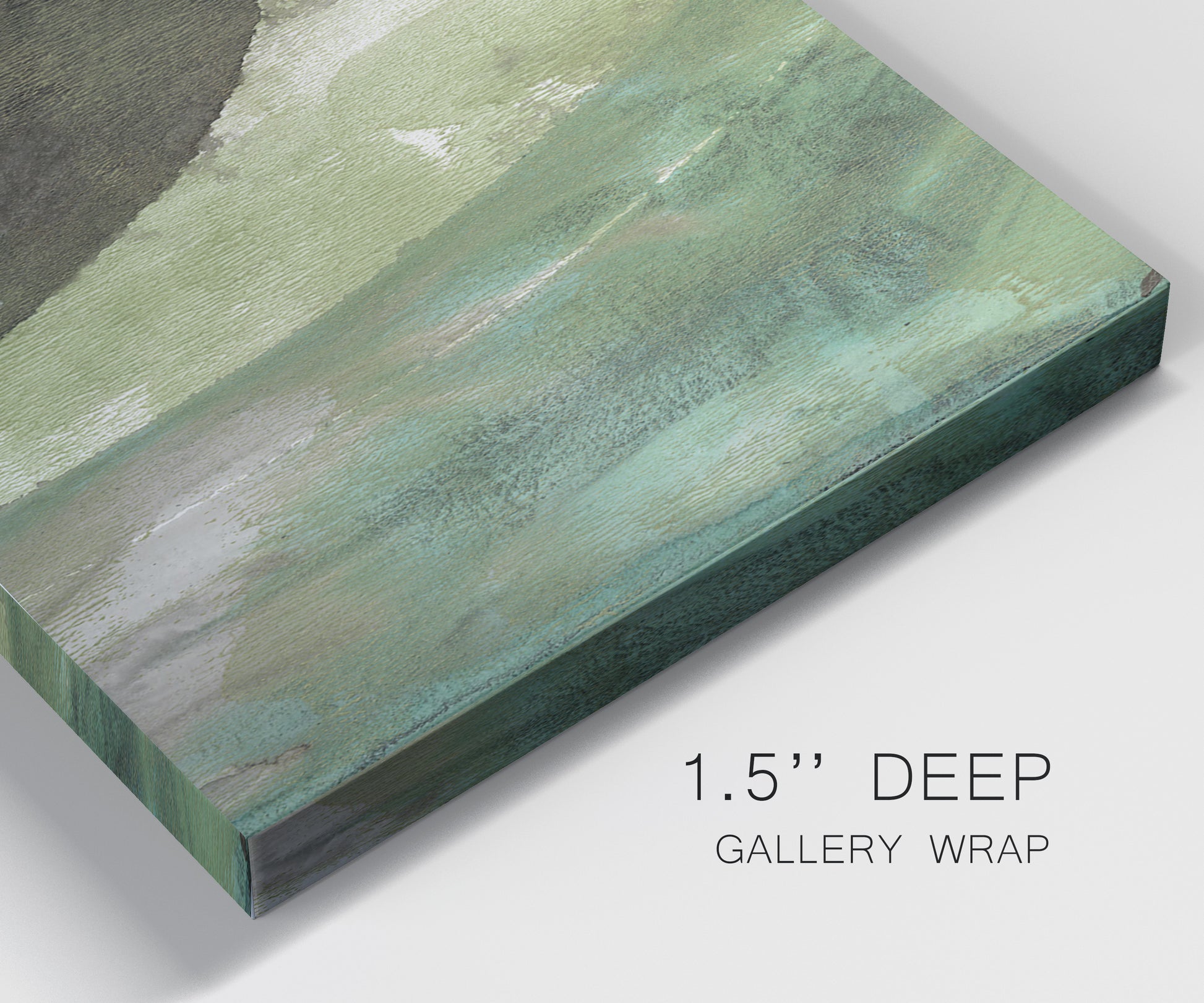 Close-up view of wrapped canvas corner featuring layered green abstract composition.