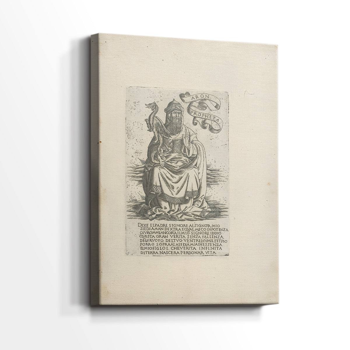 Side view of a canvas art print of a detailed illustration with strong outline and minimal shading, showing gallery-wrapped depth.