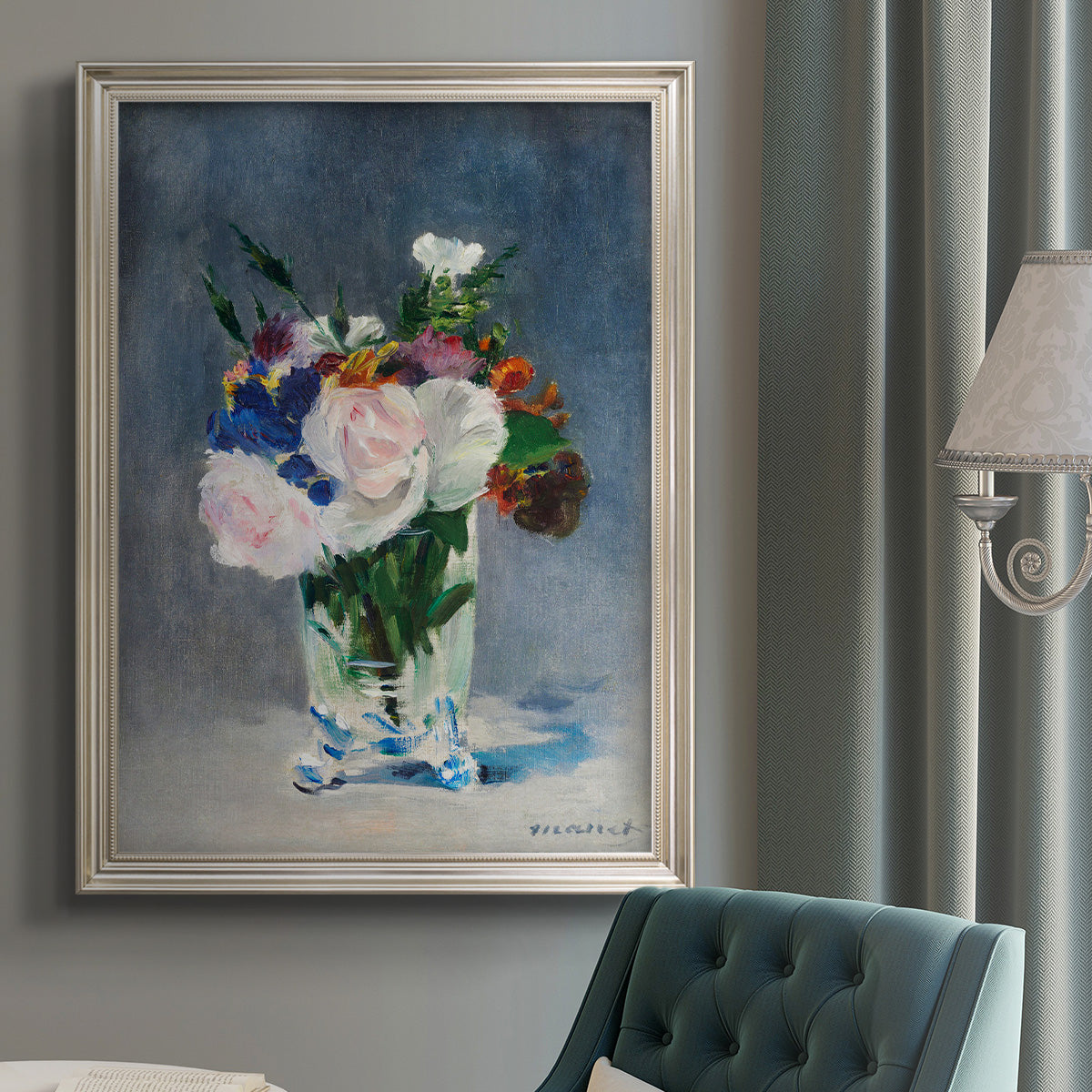 Impressionist floral still life painting by Claude Monet in an {frame_style_descriptor} displayed in a neutral interior setting.