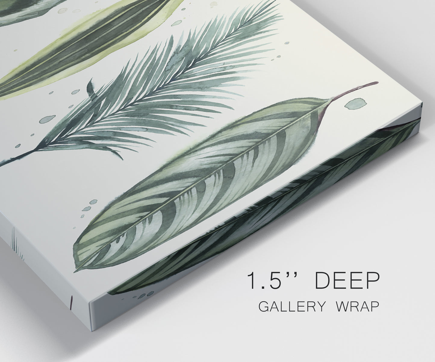 Close-up view of wrapped canvas corner featuring botanical palm leaf illustration.