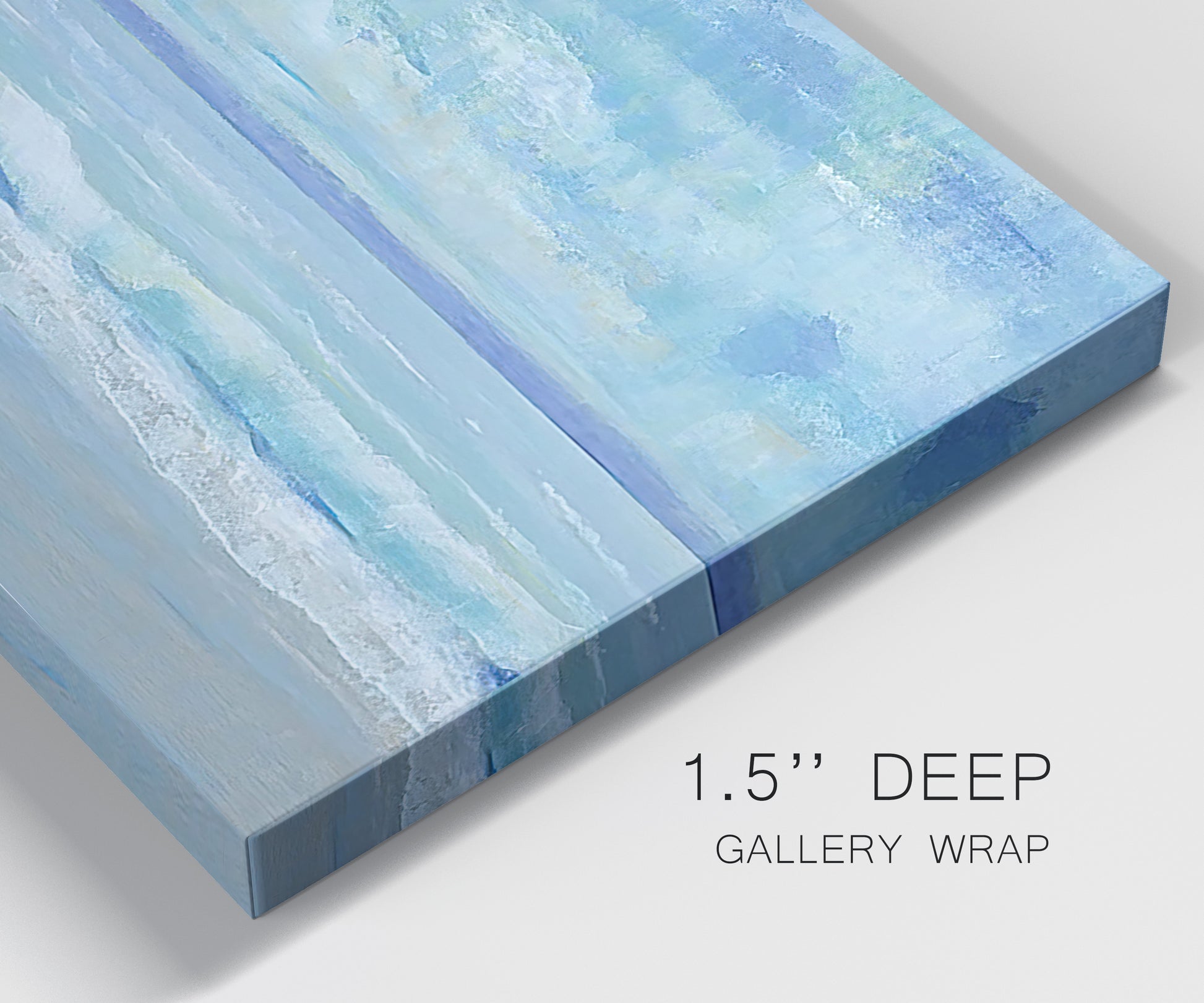 Close-up view of wrapped canvas corner featuring rolling ocean surf along shoreline.