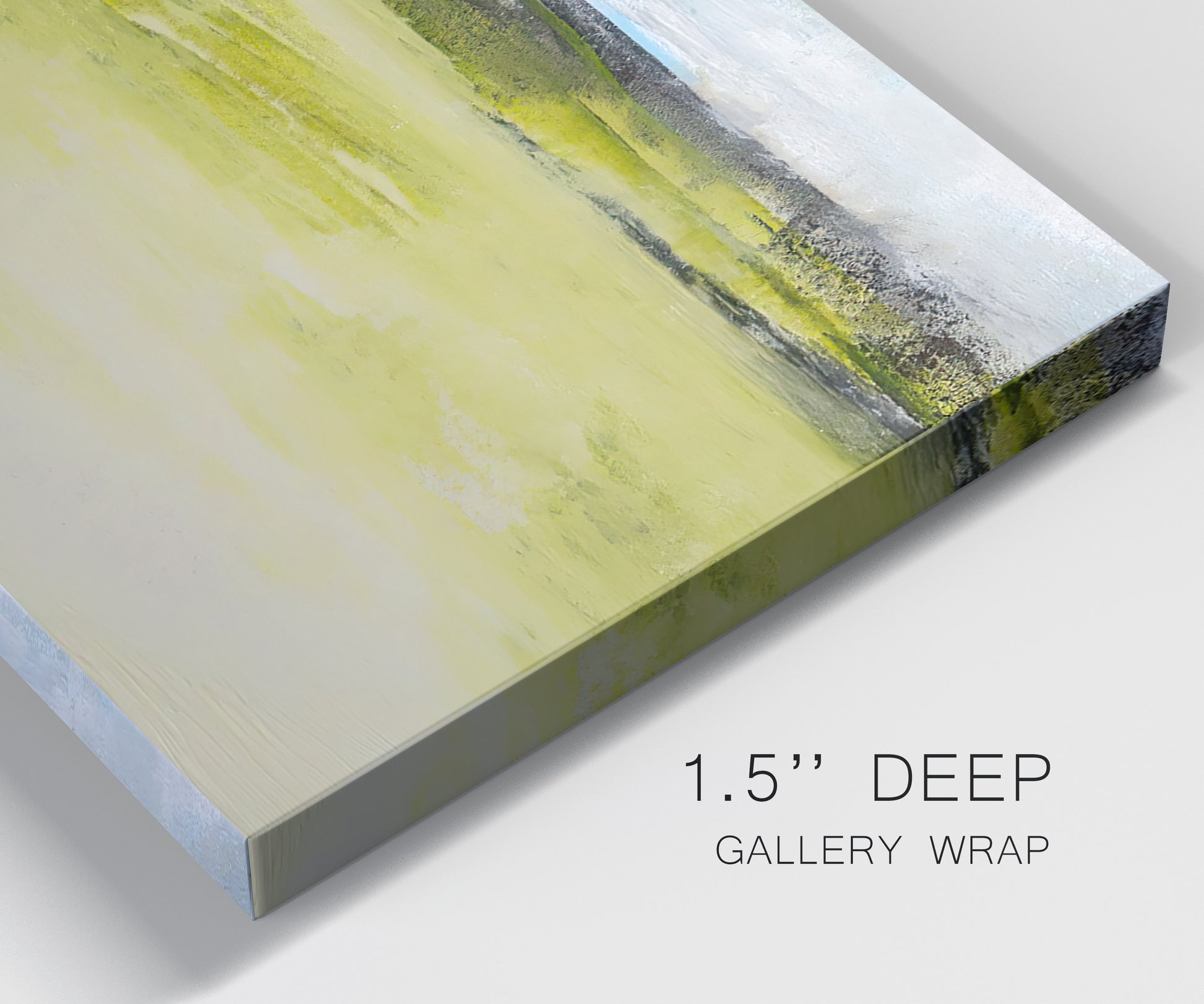 Close-up view of wrapped canvas corner featuring abstract terrace landscape view.