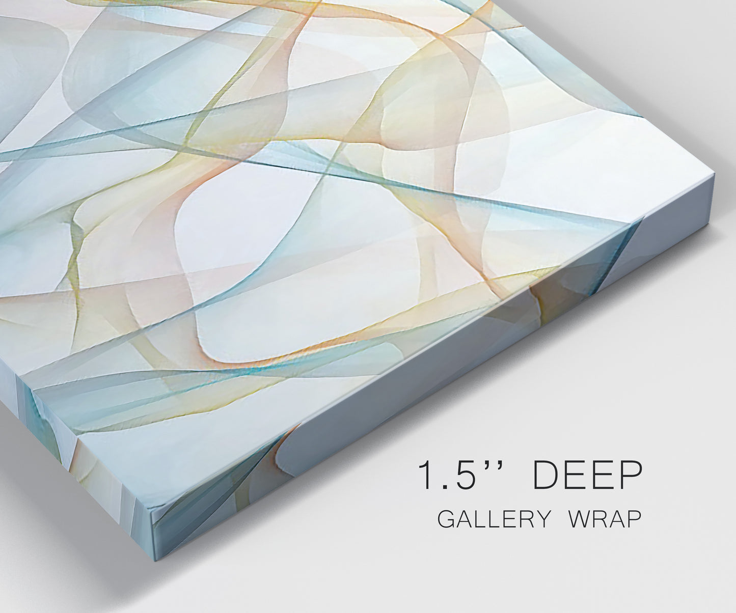 Close-up view of wrapped canvas corner featuring flowing abstract curves and wave patterns.