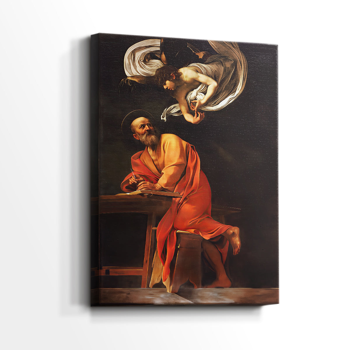 Side view of a canvas art print of a religious scene with an angel guiding a seated figure, showing gallery-wrapped depth.