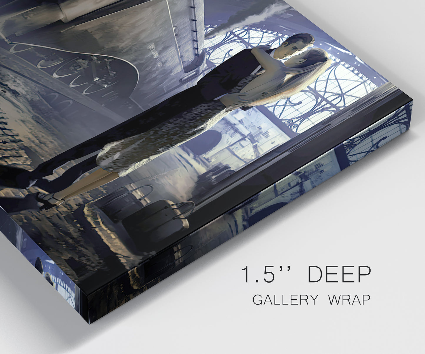 Close-up view of wrapped canvas corner featuring couple kissing at train station.