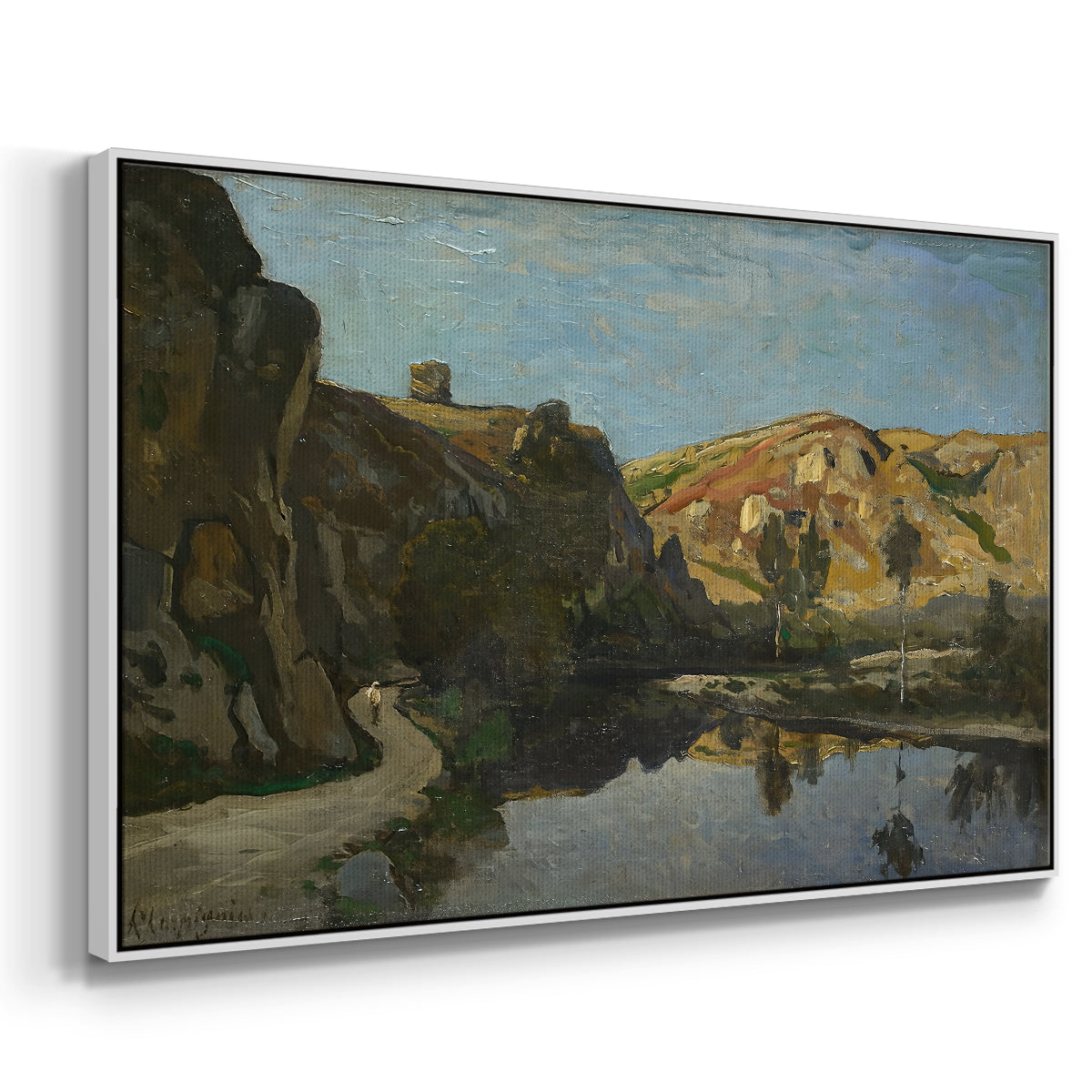 River Landscape with Cliffs, c. 1850-1860 - Floater Framed Canvas Print