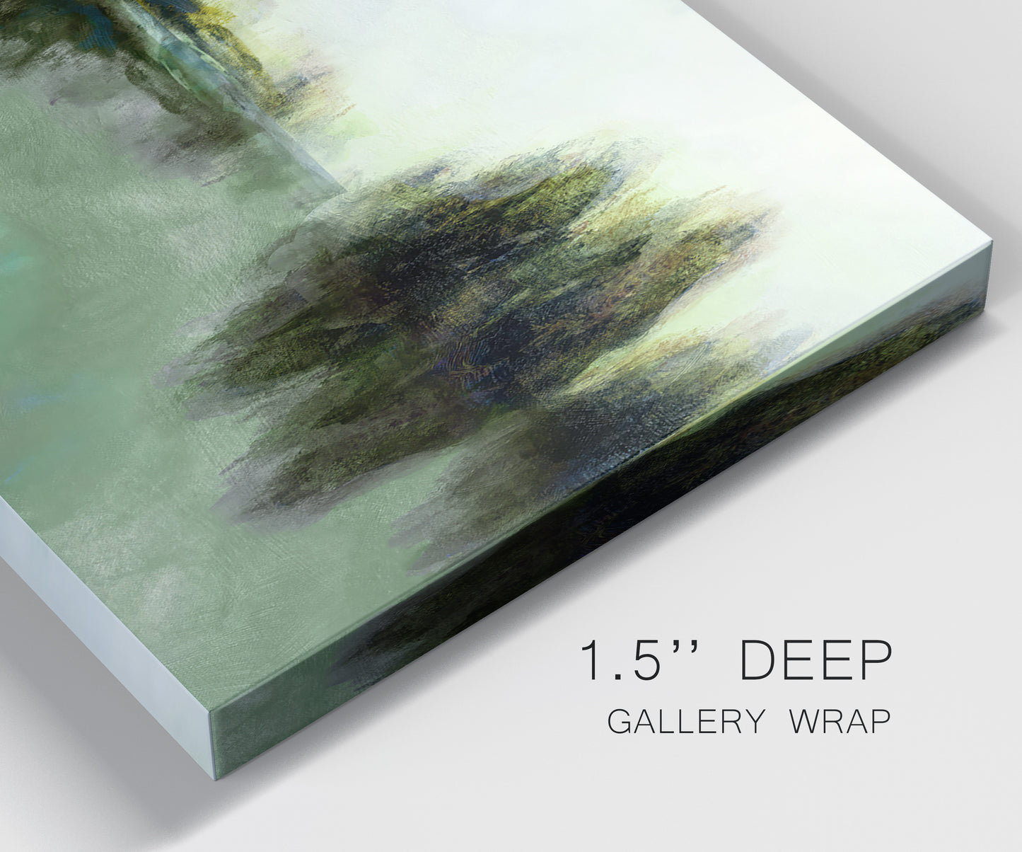 Close-up view of wrapped canvas corner featuring rain soaked landscape at sunset.