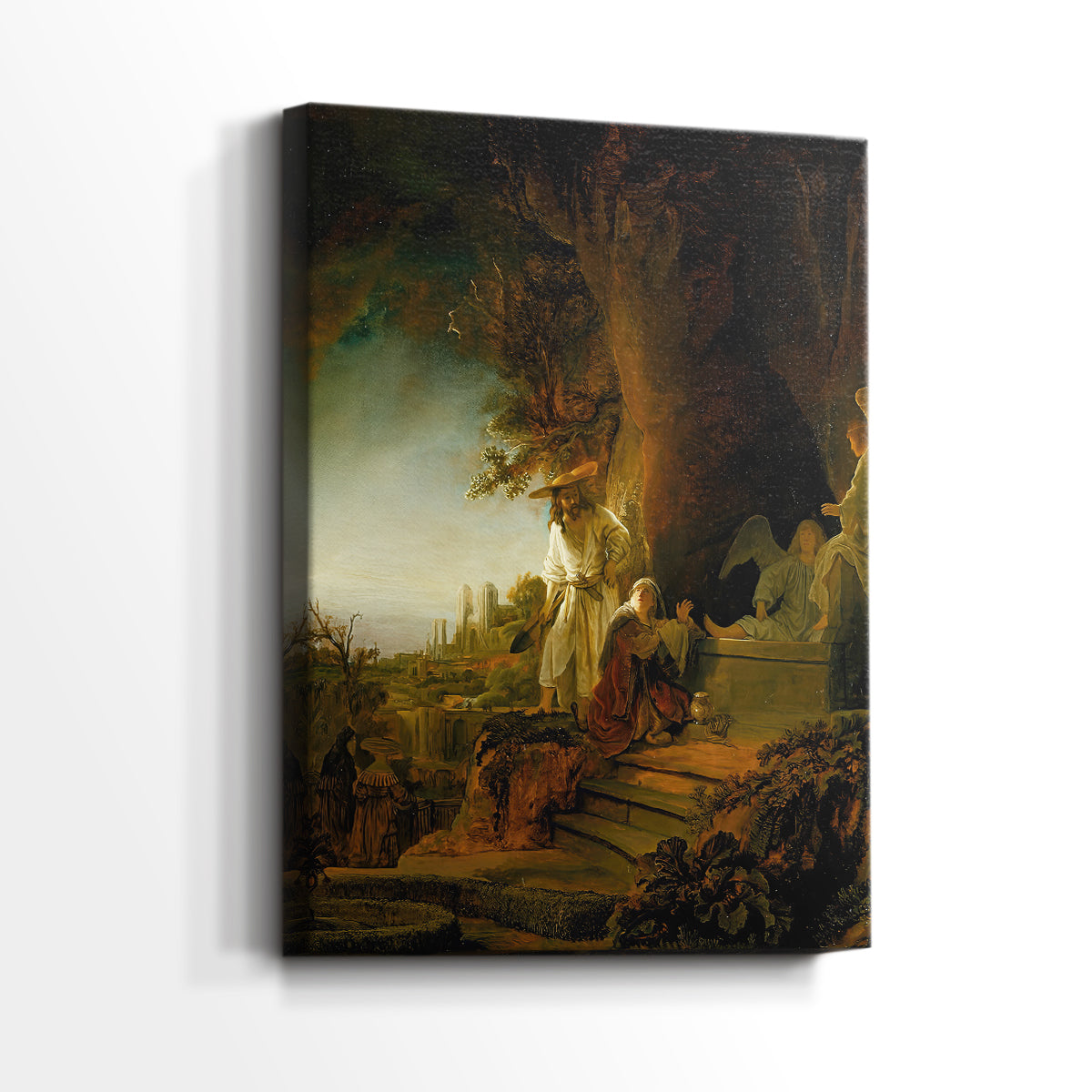 Side view of a canvas art print of a narrative scene with warm tones and subtle light, showing gallery-wrapped depth.