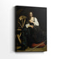 Side view of a canvas art print of a classical portrait with symbolic elements and strong contrast, showing gallery-wrapped depth.