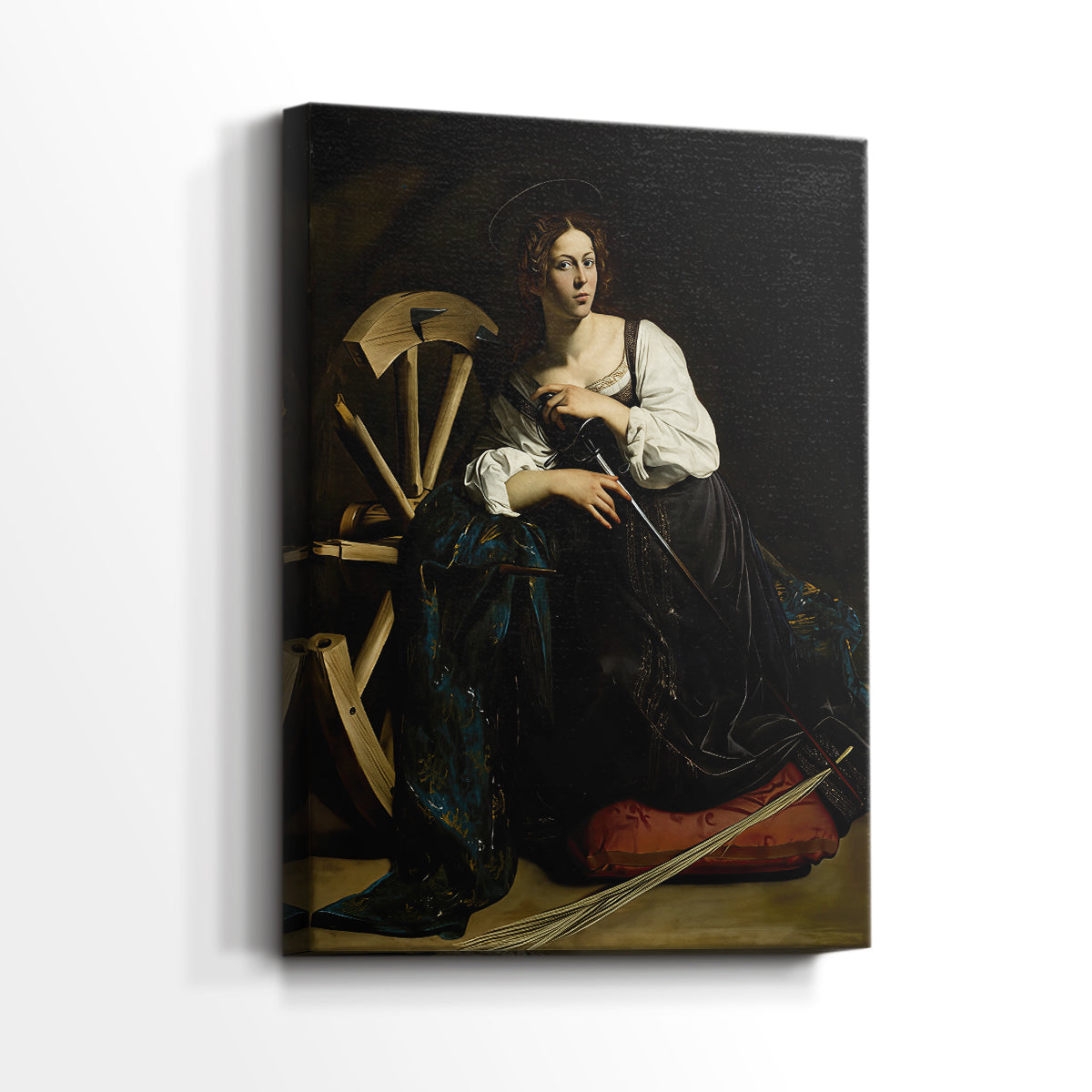 Side view of a canvas art print of a classical portrait with symbolic elements and strong contrast, showing gallery-wrapped depth.