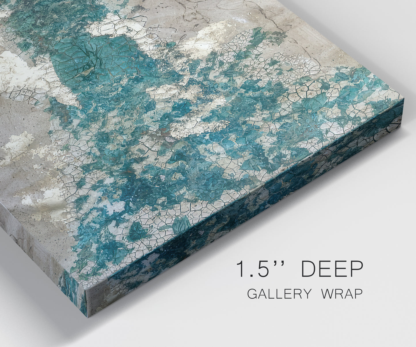 Close-up view of wrapped canvas corner featuring layered mineral abstract textures.
