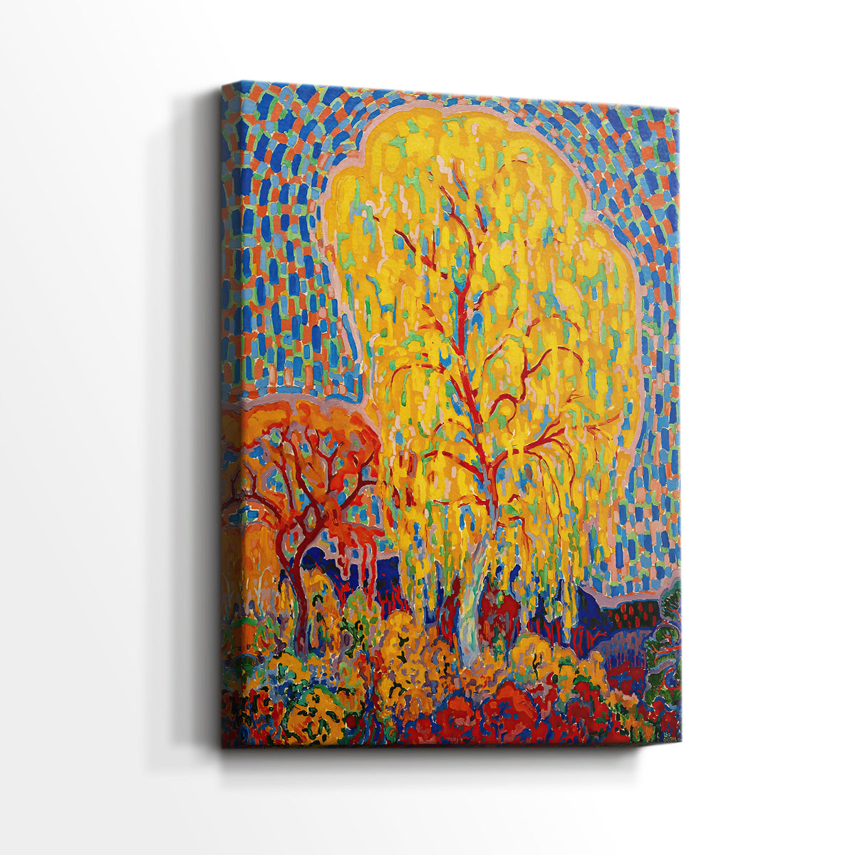 Side view of a canvas art print of a vivid composition with a central tree and bright palette, showing gallery-wrapped depth.