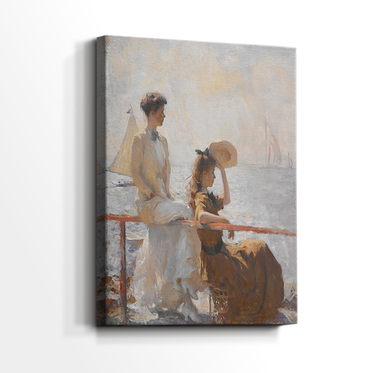 Side view of a canvas art print of a luminous scene with figures and ocean backdrop, showing gallery-wrapped depth.