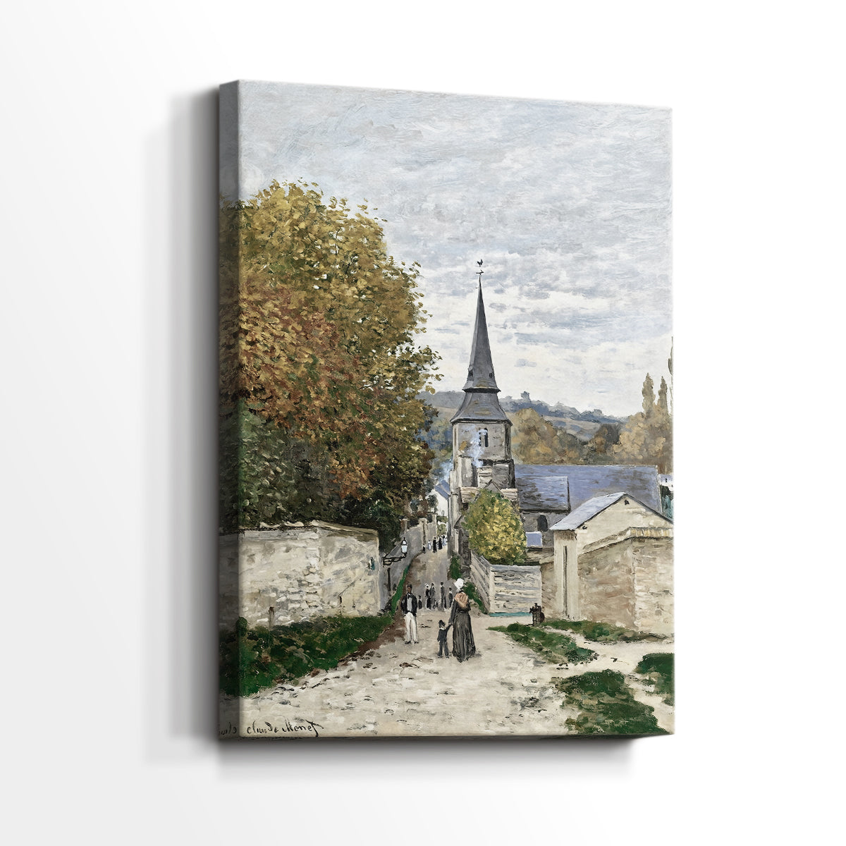 Side view of a canvas art print of a quiet urban scene with buildings and subtle activity, showing gallery-wrapped depth.