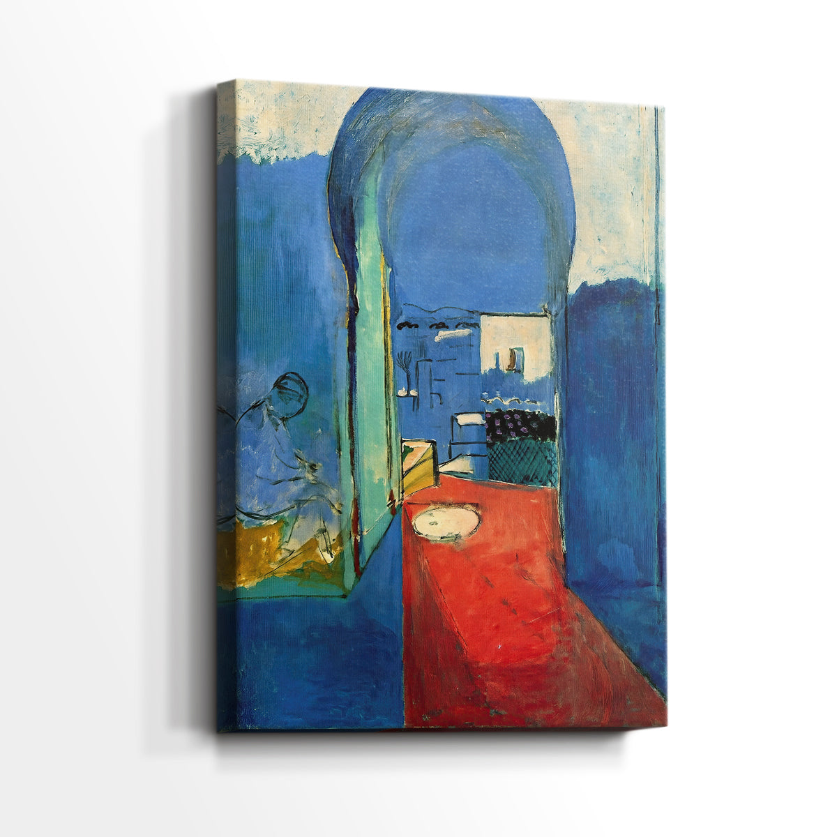 Side view of a canvas art print of a decorative composition with structure and flat color, showing gallery-wrapped depth.