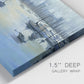 Close-up view of wrapped canvas corner featuring anchored boats near shoreline.