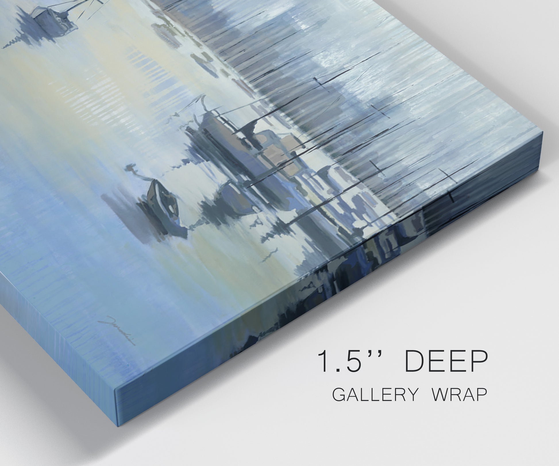 Close-up view of wrapped canvas corner featuring anchored boats near shoreline.