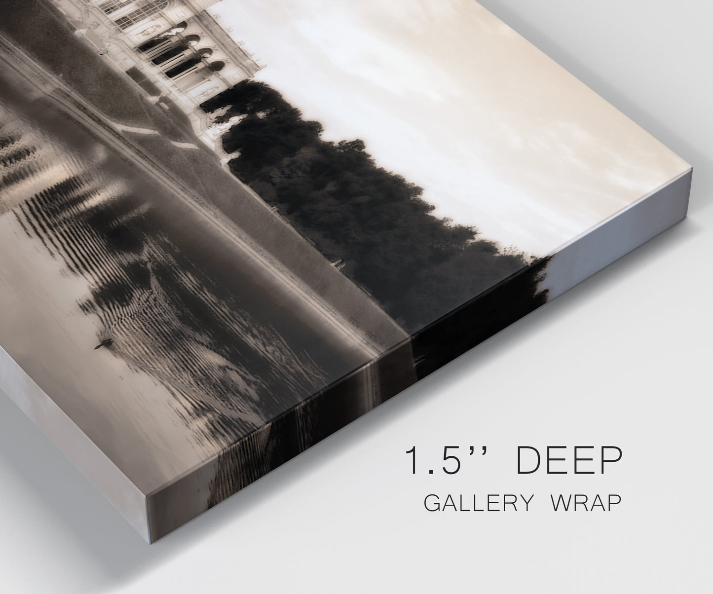 Close-up view of wrapped canvas corner featuring monochrome historic pavilion photograph.