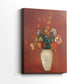 Side view of a canvas art print of a stylized composition with blossoms and subtle detail, showing gallery-wrapped depth.
