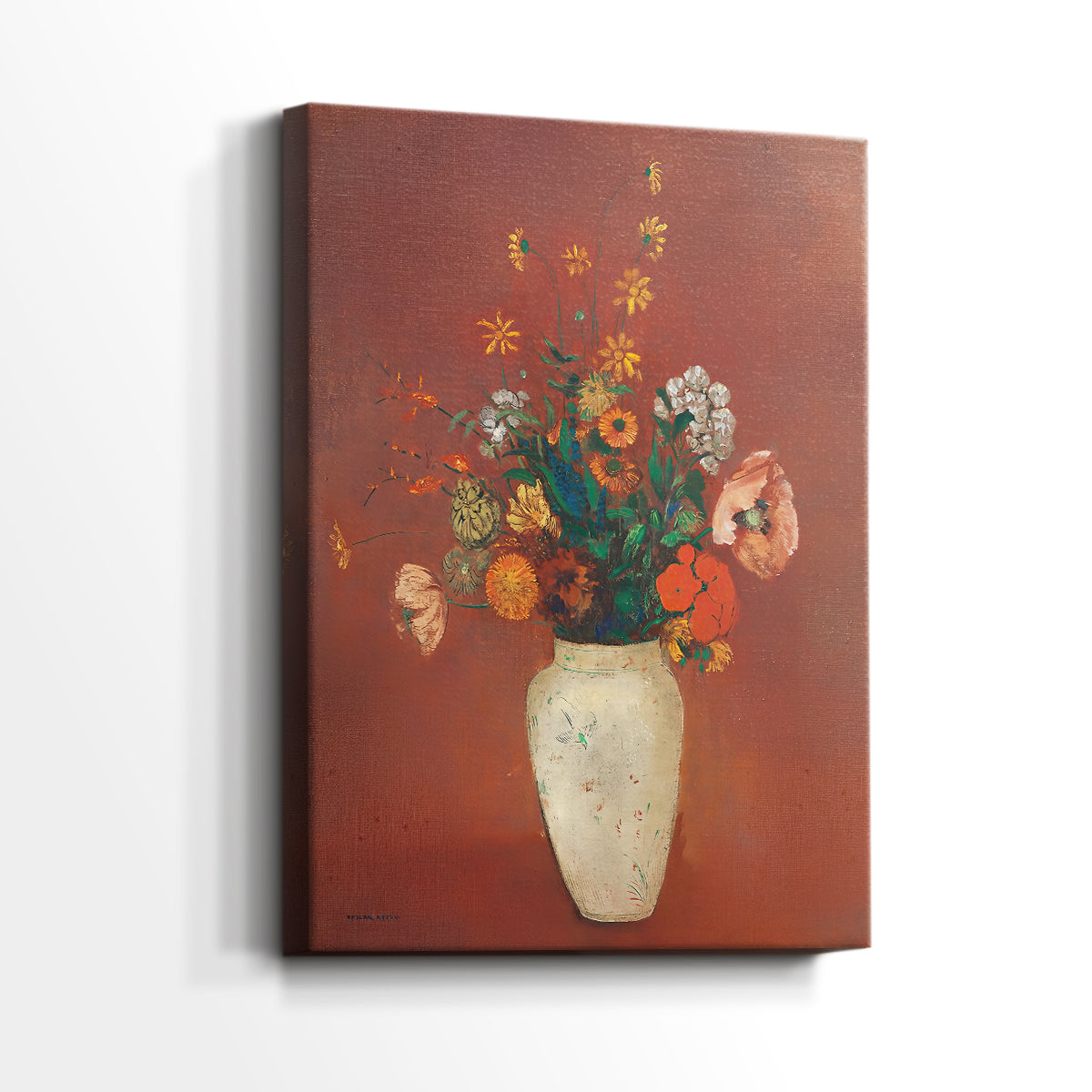 Side view of a canvas art print of a stylized composition with blossoms and subtle detail, showing gallery-wrapped depth.