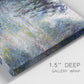 Close-up view of wrapped canvas corner featuring misty river scene in morning light.