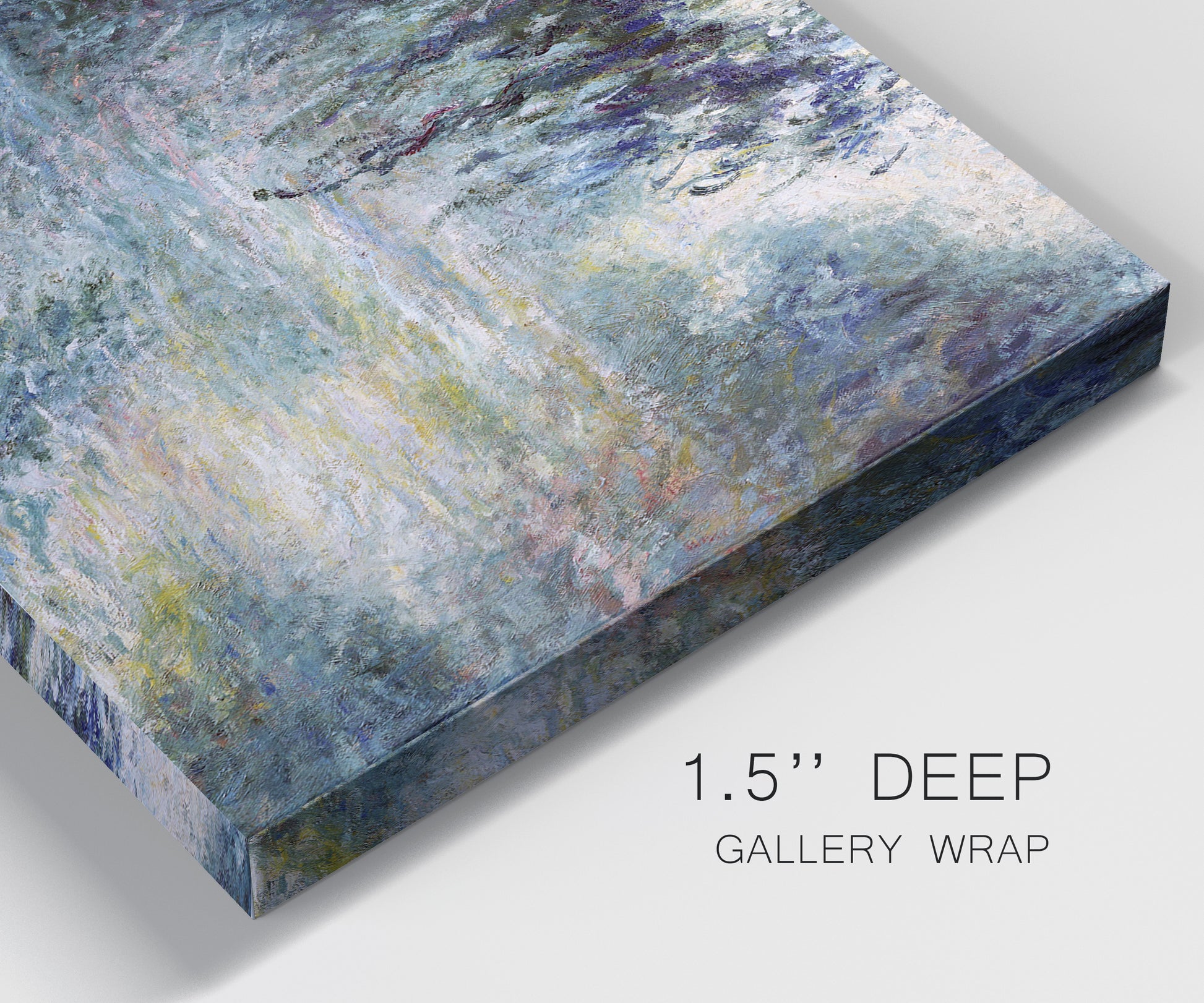 Close-up view of wrapped canvas corner featuring misty river scene in morning light.