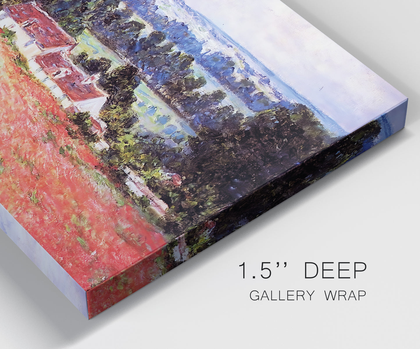 Close-up view of wrapped canvas corner featuring poppy field at giverny in bloom.