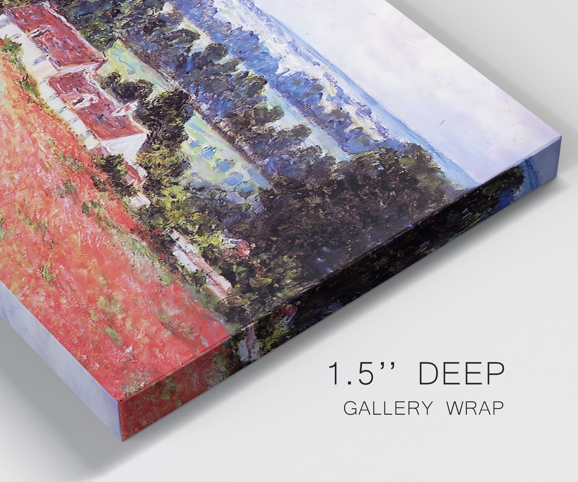 Close-up view of wrapped canvas corner featuring poppy field at giverny in bloom.