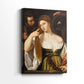 Side view of a canvas art print of a composed portrait with subtle contrast and detail, showing gallery-wrapped depth.