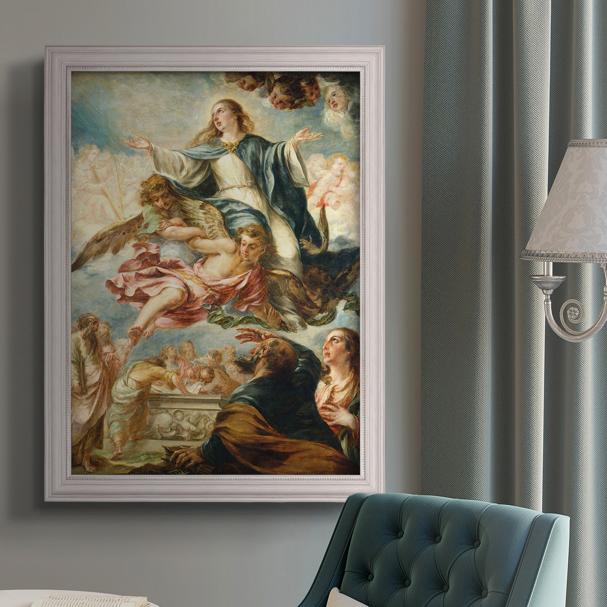 Religious painting of the Assumption of the Virgin Mary by Juan de Valdés Leal in an {frame_style_descriptor} displayed in a neutral interior setting.