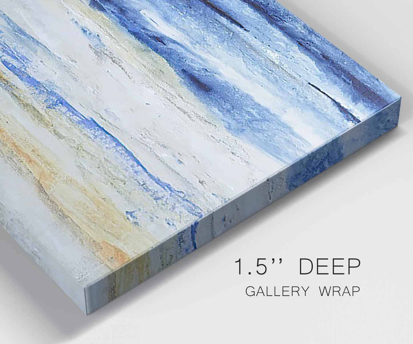 Close-up view of wrapped canvas corner featuring turbulent abstract ocean wave motion.