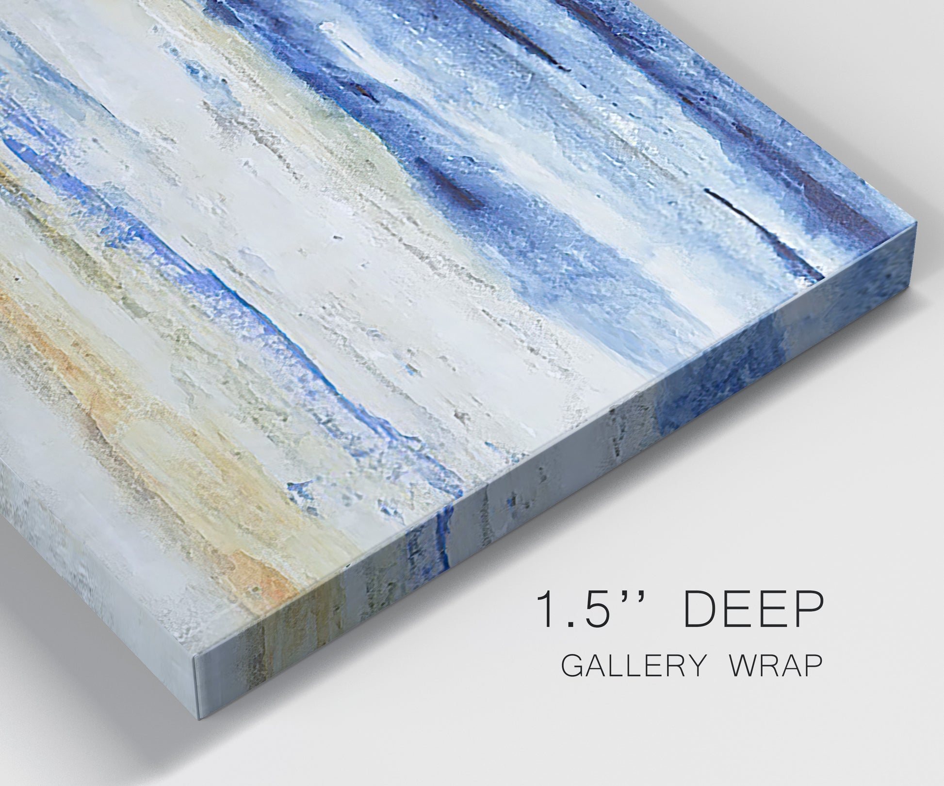 Close-up view of wrapped canvas corner featuring turbulent abstract ocean wave motion.