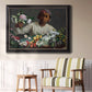 Traditional portrait of a woman holding peonies by Frédéric Bazille in an ornate black frame with gilded inner detail displayed in a light-toned interior setting.