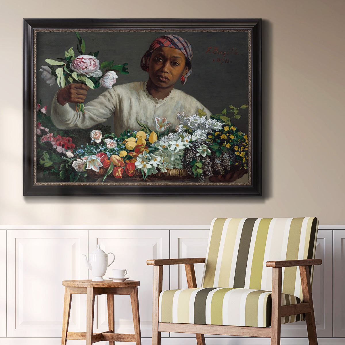 Traditional portrait of a woman holding peonies by Frédéric Bazille in an ornate black frame with gilded inner detail displayed in a light-toned interior setting.