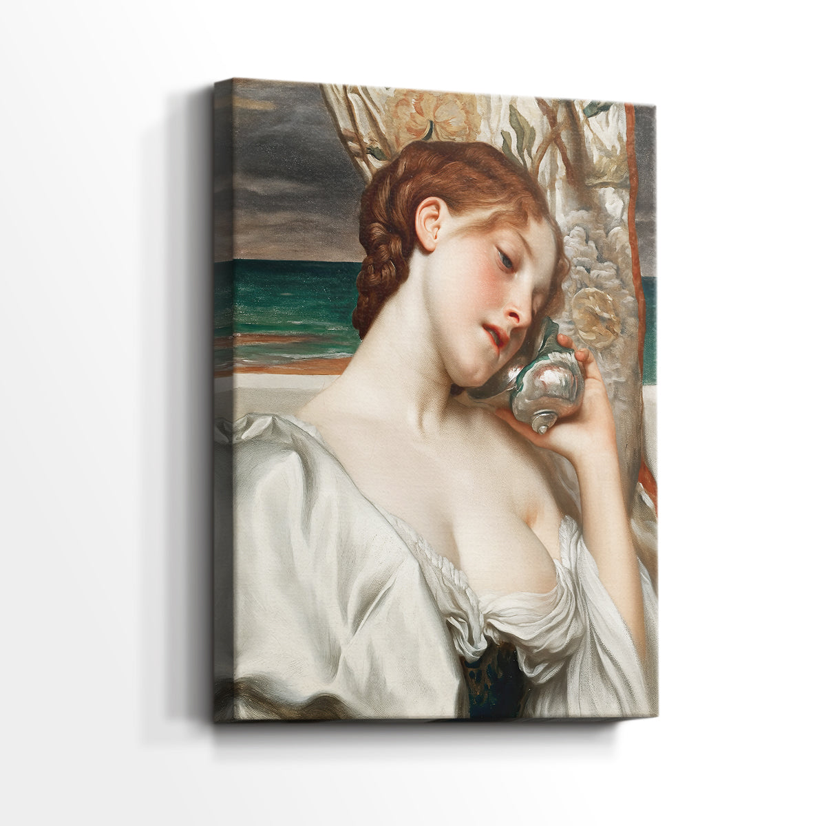 Side view of a canvas art print of a serene composition with a woman by the shoreline, showing gallery-wrapped depth.