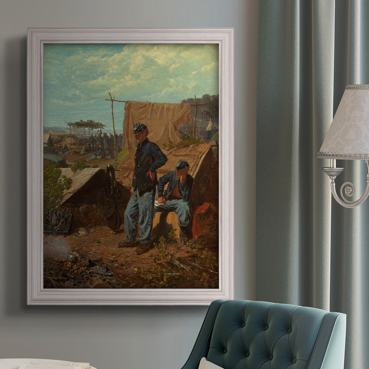 American genre scene of domestic life by Winslow Homer in an {frame_style_descriptor} displayed in a neutral interior setting.