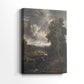 Side view of a canvas art print of a calm countryside view with subtle detail, showing gallery-wrapped depth.