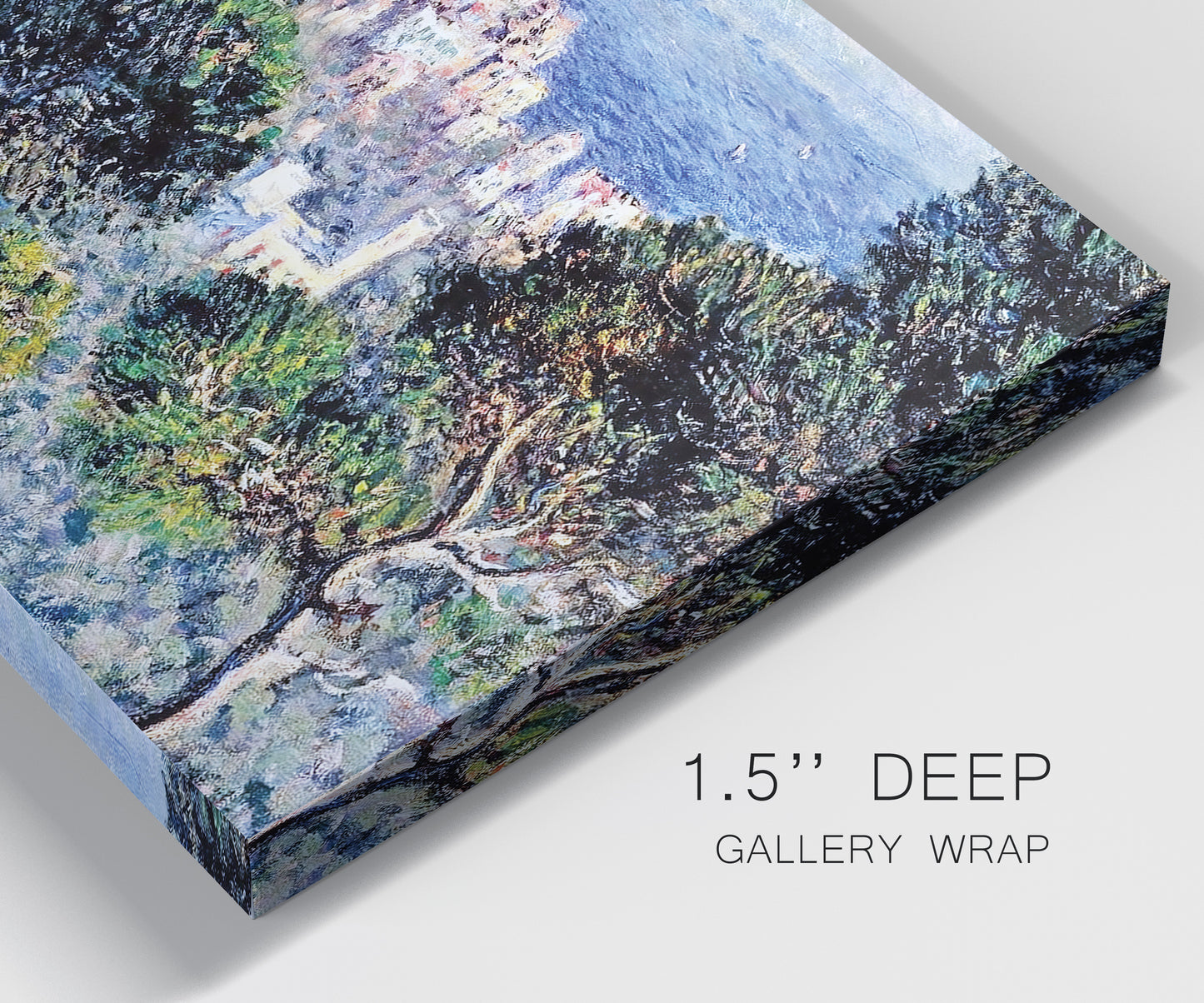 Close-up view of wrapped canvas corner featuring coastal hillside overlooking monaco.