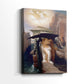 Side view of a canvas art print of a narrative composition with movement and tension, showing gallery-wrapped depth.