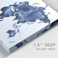 Close-up view of wrapped canvas corner featuring world map with water motif.