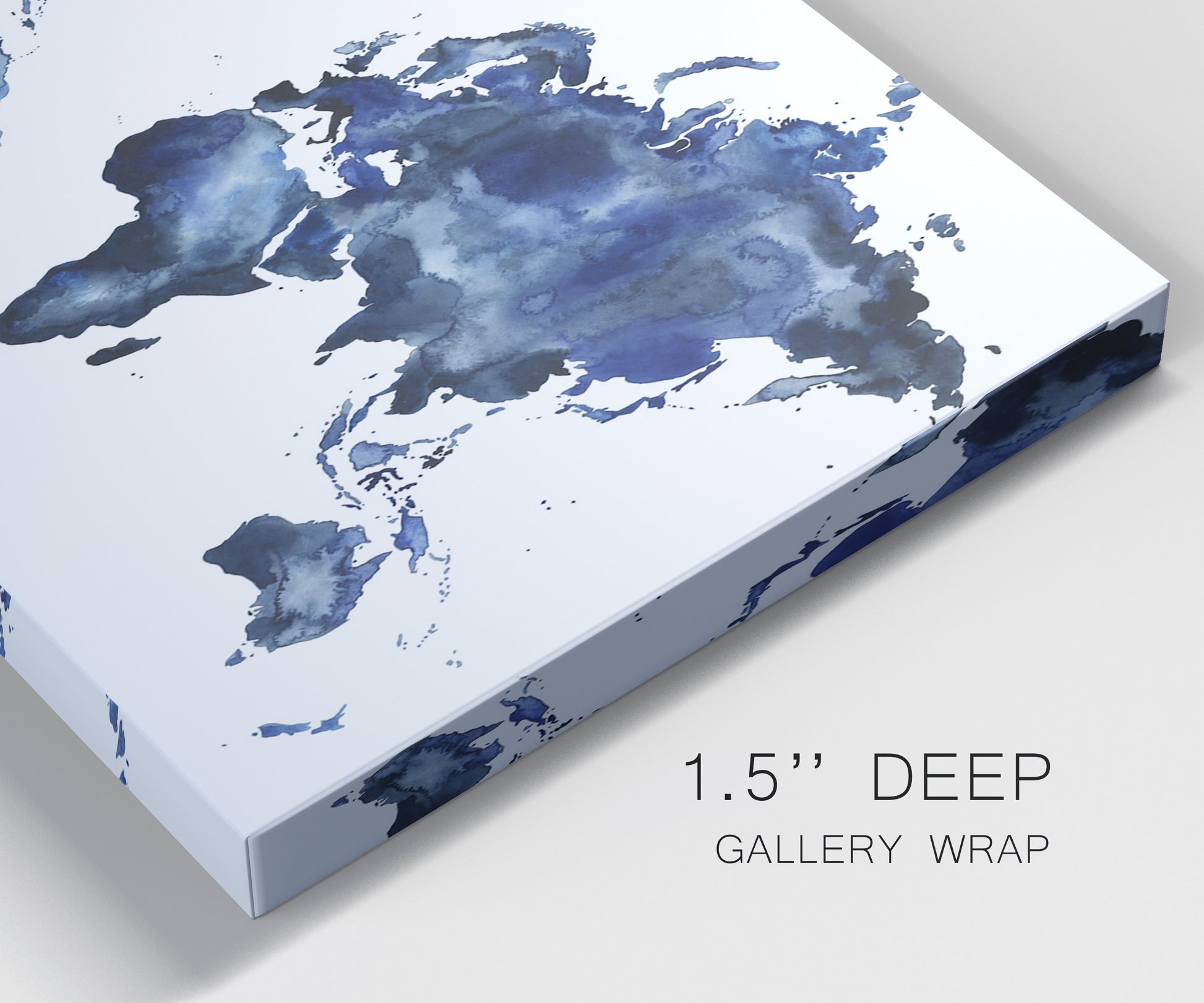Close-up view of wrapped canvas corner featuring world map with water motif.