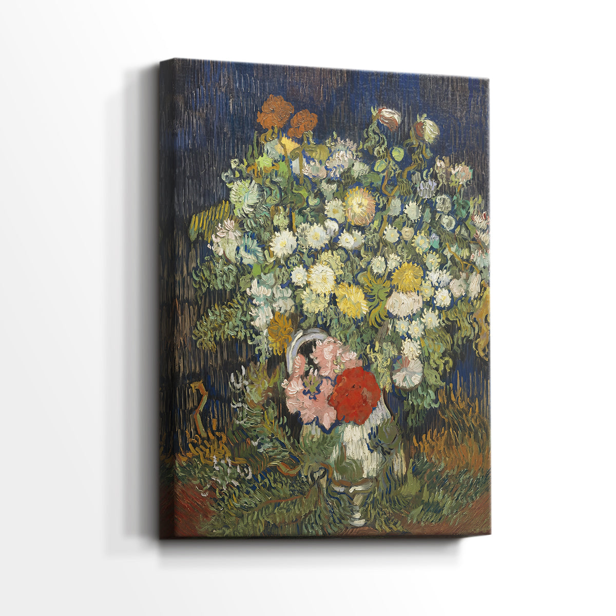 Side view of a canvas art print of a stylized composition with blooms and strong contrast, showing gallery-wrapped depth.