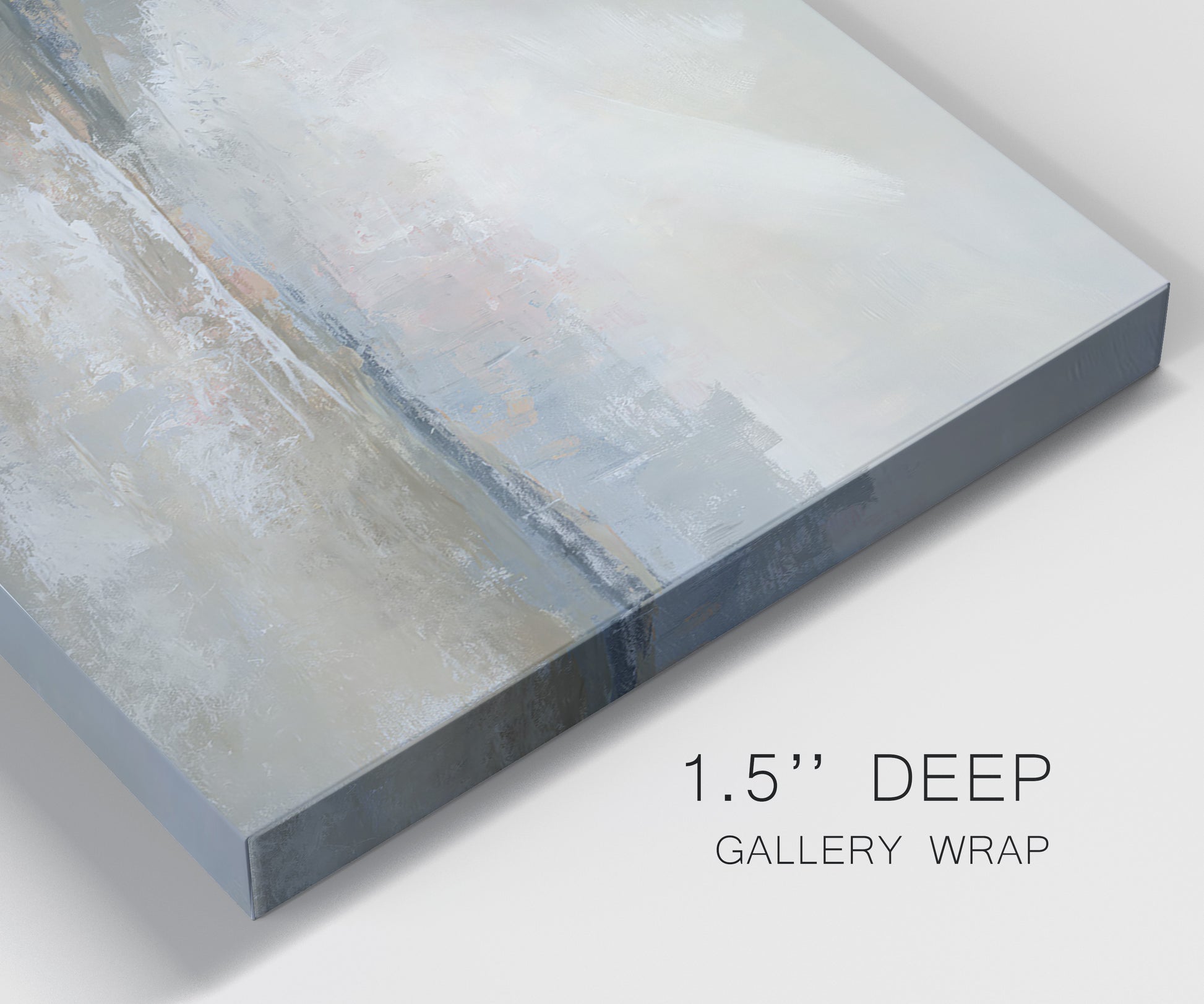 Close-up view of wrapped canvas corner featuring soft abstract horizon haze.
