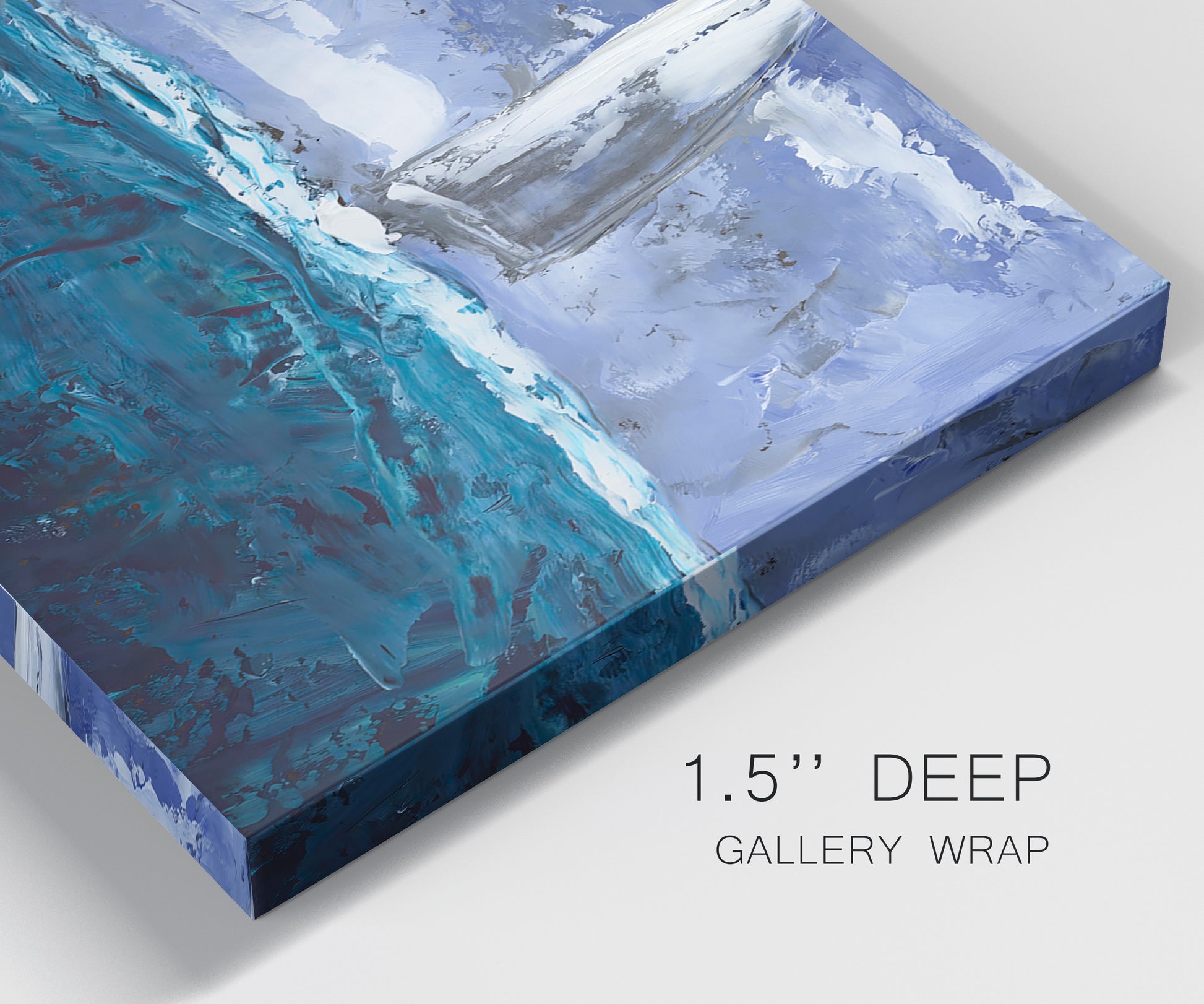 Close-up view of wrapped canvas corner featuring sailboats moving across water.
