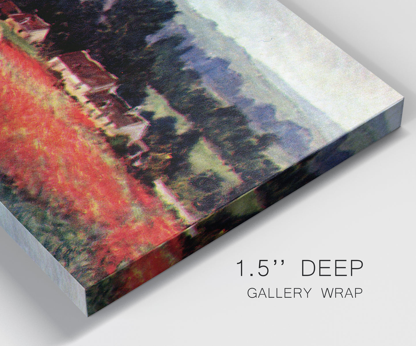 Close-up view of wrapped canvas corner featuring red poppy field near barn.